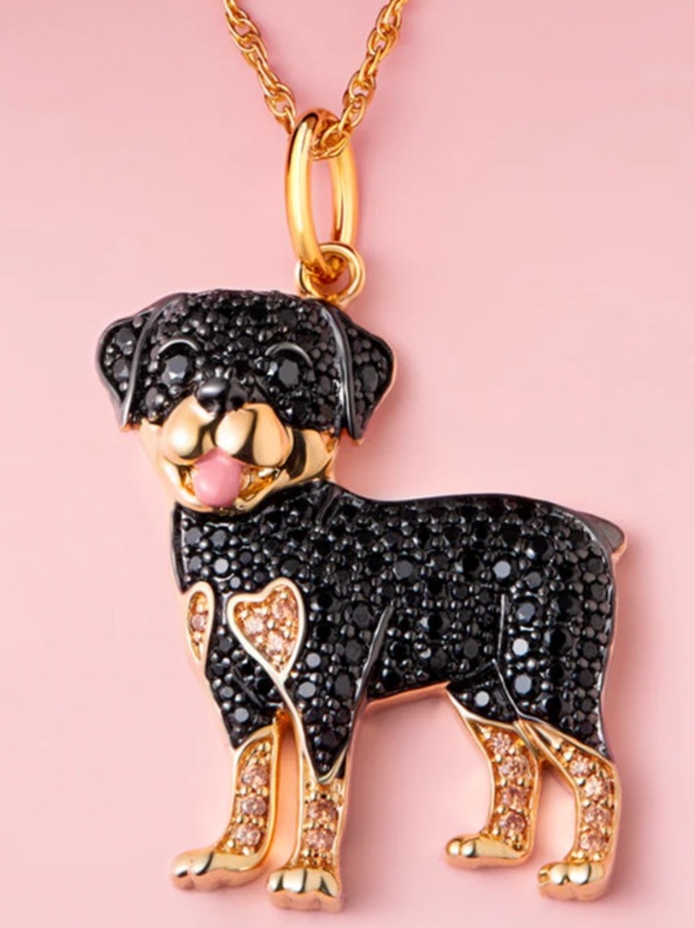 NWT Gold/Black Rottweiler Dog Sparkling Cubic Zirconia Pendant Necklace